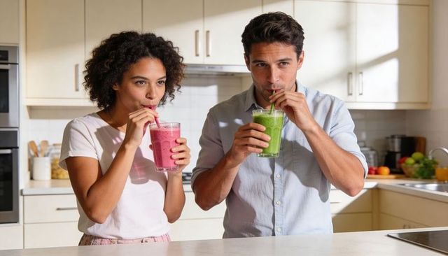 Couple drinking smoothies at kitchen island in bright morning sunlight
