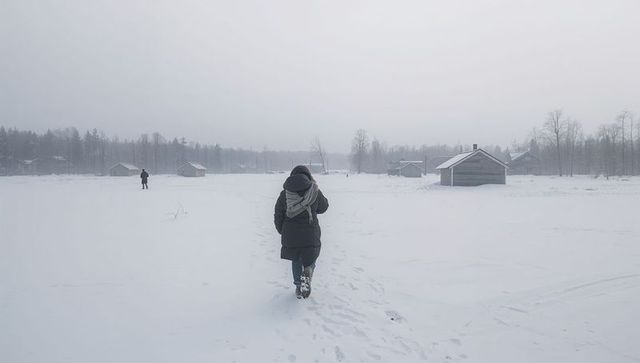 Solitary woman walking across snowy field toward wooden cabins with trailing footprints