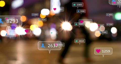 Social media icons overlaying busy city street at night