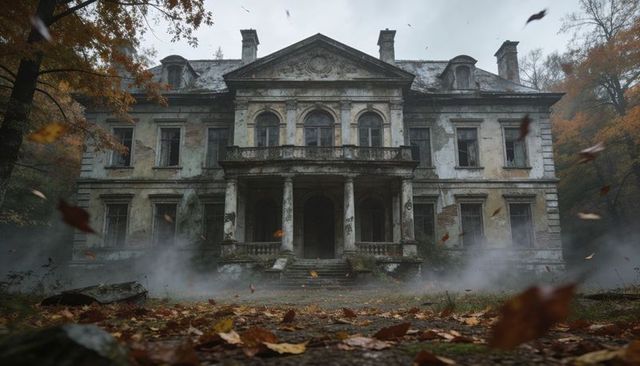 Looming dilapidated neoclassical mansion with foggy portico, balcony and autumn leaves