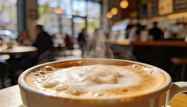 Steaming cappuccino in white ceramic cup with frothy bubbles on sunlit cafe table