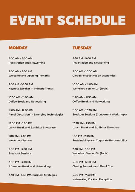 This professional event schedule template offers a clear and organized outline for conferences, workshops, seminars, and corporate gatherings. It includes time blocks for sessions, breaks, networking, and keynote speeches, making it ideal for event planners and organizers aiming to provide participants with a detailed and readable agenda. Customize this template to fit specific event needs and use it to ensure attendees are well-informed of the event's proceedings.