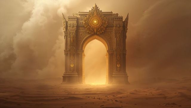 Ornate Golden Archway Illuminates Desert with Mystical Light