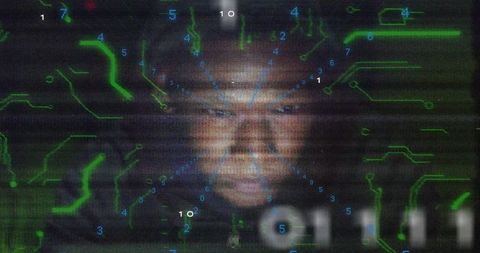 Futuristic digital face with binary codes and network elements