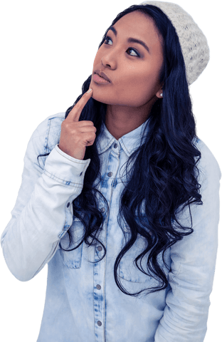 Thoughtful Young Asian Woman in Denim Looking Up Transparent Background