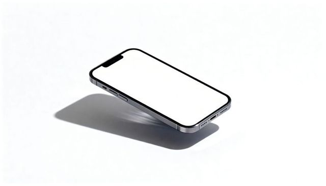 Floating minimal smartphone with blank screen, metal frame and notch on white surface