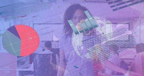 Woman Analyzing Data Visualizations in Modern Office