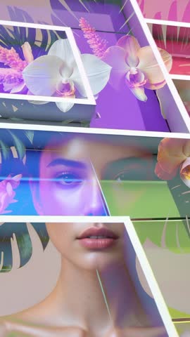 Vertical video showing sliding white grid frames revealing portrait and orchids with neon layers