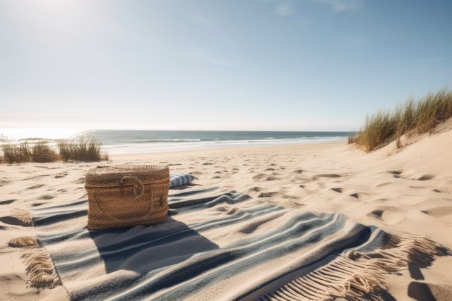 White and blue blanket with picnic basket on beach, created using generative ai technology. Seaside landscape, vacation, leisure, summer and nature concept digitally generated image.