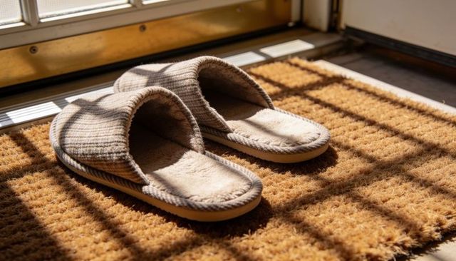Beige fabric slippers resting on coir doormat at sunlit entryway with grid shadows