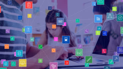 Children Engaged in Digital Learning with Laptop and Virtual Icons