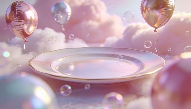 Pearl-glazed china plate floating on cloud with metallic balloons and bubbles
