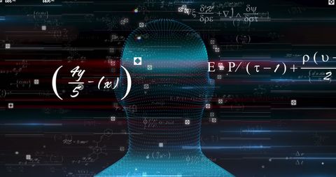 Digital Head with Mathematical Equations on Black Background