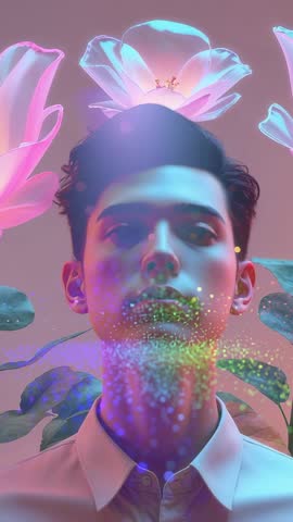 Young Man Embracing Luminescent Particle Veil with Floating Giant Flowers Vertical Video