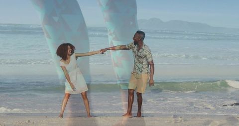 Holding hands on sunlit beach with double exposure reflection, romantic summer couple smile