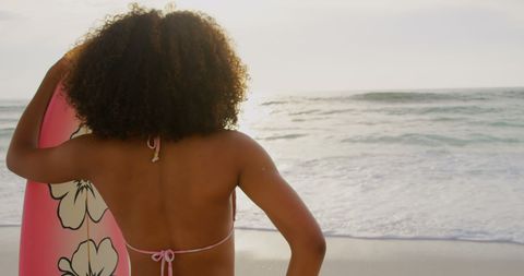 African American Female Surfer Contemplates Ocean Waves - Download Free Stock Images Pikwizard.com