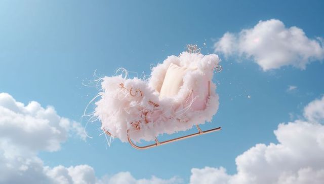 Dreamy pink feathered sleigh chair floating in blue sky with rose gold runners