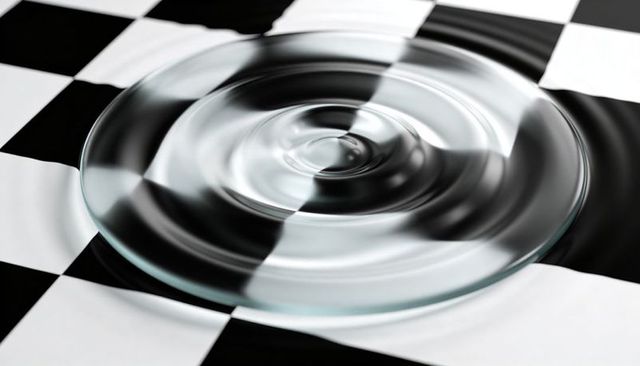 Glassy ripple disc forming concentric rings on black white checkerboard reflecting light