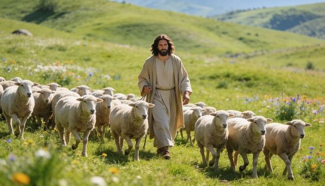Bearded shepherd walking with flock of sheep across sunlit green meadow and hills