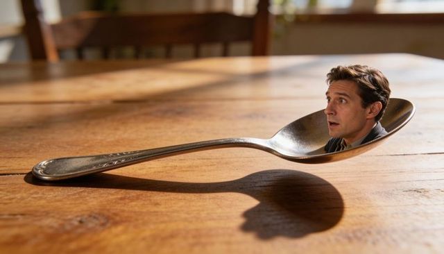 Surreal teaspoon holding man head, man looking surprised in spoon bowl on wooden table