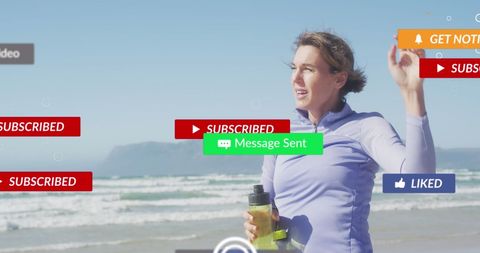 Woman Exercising on Beach Amidst Social Media Notifications - Download Free Stock Images Pikwizard.com