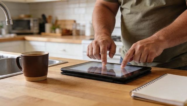 Man tapping tablet on kitchen counter with coffee mug and notebook for morning planning