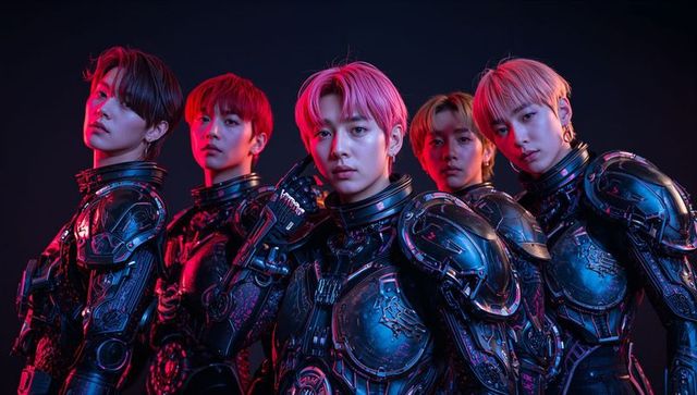 Futuristic cyberpunk group in advanced armor with dynamic lighting