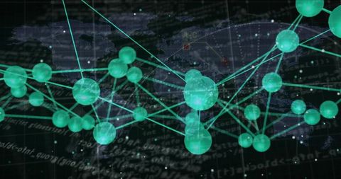 Turquoise 3D Network Nodes Connecting Over Global Map with Scrolling Code Visualization
