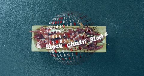 Blockchain globe overlaying tray of red chili peppers on dark textured table