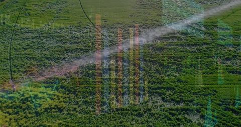 Drone View of Green Farmland with Futuristic Data Overlay