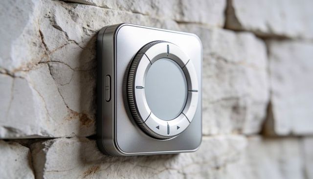 Sleek silver smart thermostat with rotary dial mounted on stacked stone wall
