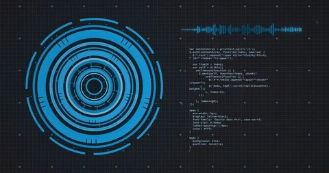 Futuristic digital hud interface with code and waveform