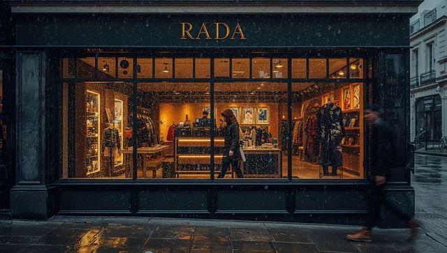 Luxury Boutique Window Display on Rainy Street with Hooded Shopper Browsing Inside