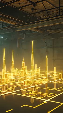 Vertical wireframe city model rising in industrial warehouse with glowing yellow grid