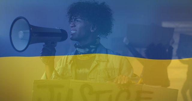 Ukrainian Flag Overlay on African American Protester Calling for Justice - Download Free Stock Images Pikwizard.com