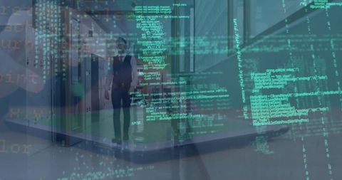 Digital data overlay on businessman walking