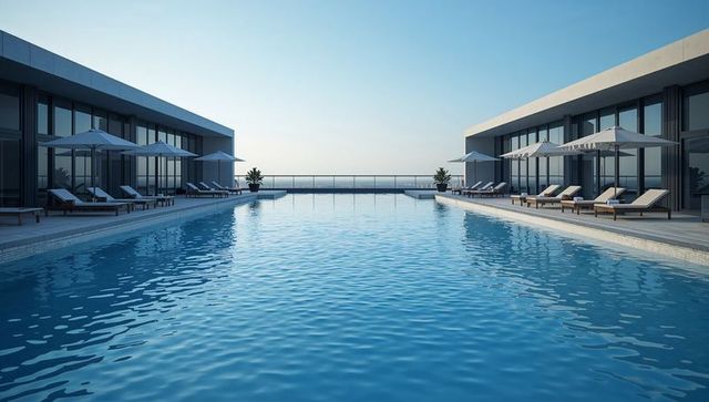 Rooftop infinity pool reflecting sky, framing ocean horizon with wooden deck loungers