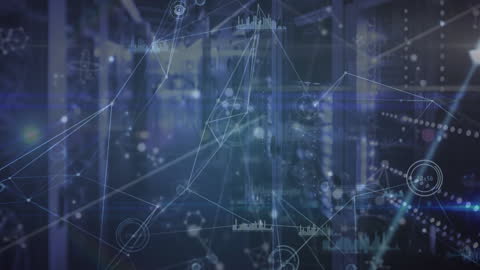 Digital Network Overlaid on Server Room with Data Interfaces