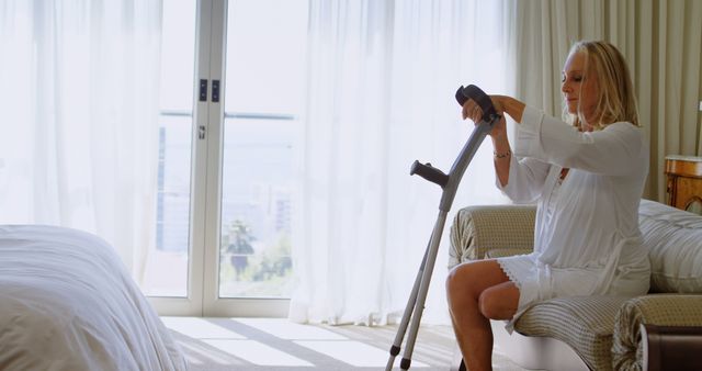 Senior Woman Using Walker in Sunlit Bedroom - Download Free Stock Images Pikwizard.com