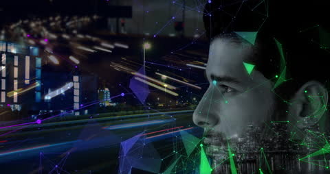 Man in Profile Over Digital Network Landscape at Night
