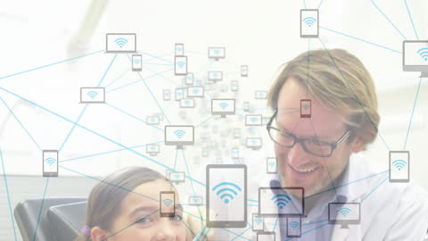 Dentist Examining Girl with Digital Network Overlay Concept