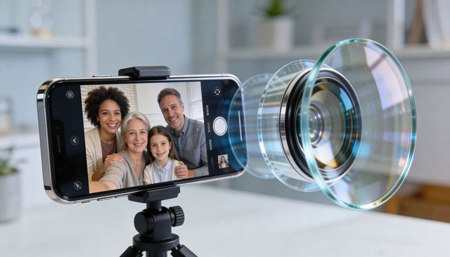Capturing multigenerational family selfie with smartphone on tripod and external lens
