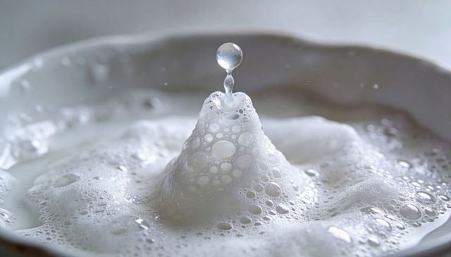 Conical foam peak rising with suspended water droplet in porcelain bowl