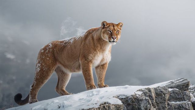 Mountain lion standing on snowy rocky ridge breathing cold alpine air, wild cougar portrait