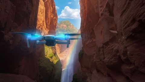 Hovering drone with front camera and blue leds in narrow red canyon over waterfall rainbow