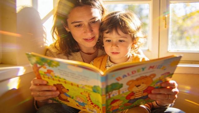 Mother reading colorful picture book with toddler on sunlit window seat, cozy family moment
