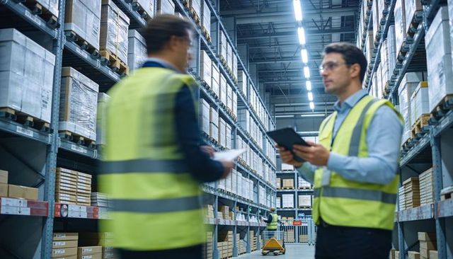 Warehouse staff wearing hi-vis vests inspecting inventory with tablet in racking aisle