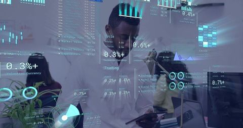 Reviewing ar financial dashboards on tablet in modern office collaboration on data analytics