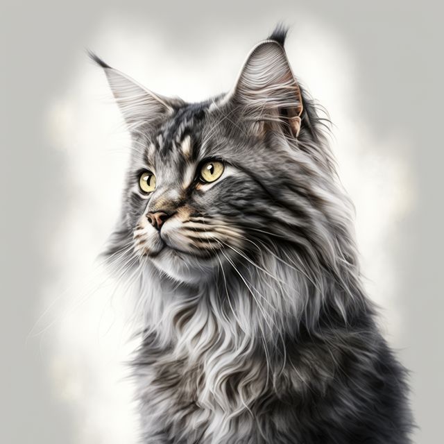 Close up of grey maine coon cat on grey background created using generative ai technology. Animals and nature concept digitally generated image.