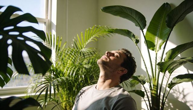 Man soaking sunlight among tropical houseplants enjoying peaceful indoor greenery